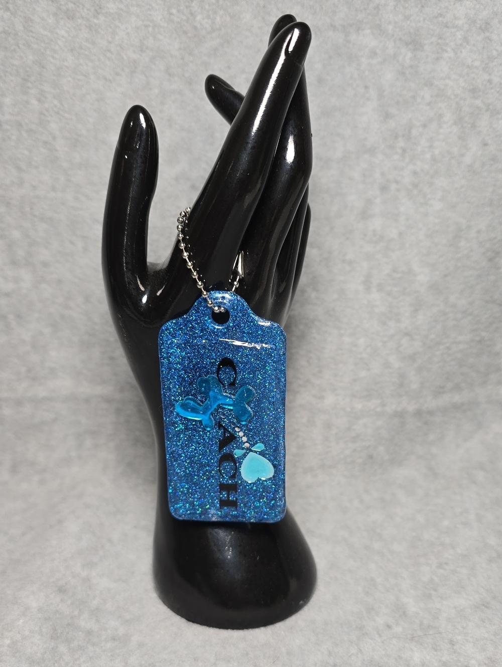 Blue Glitter Resin Bag Charm/Key Holder Tag with Heart and Balloon Dog Accent